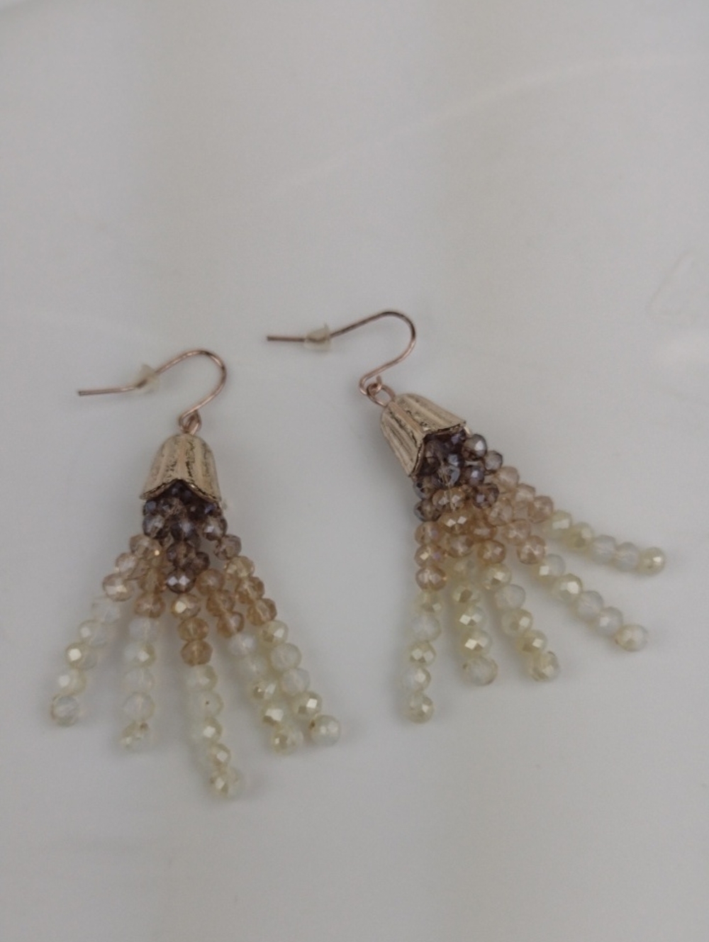 White Beige & Taupe Sparkly Bead Fringe Gold Tone Gorgeous Earrings